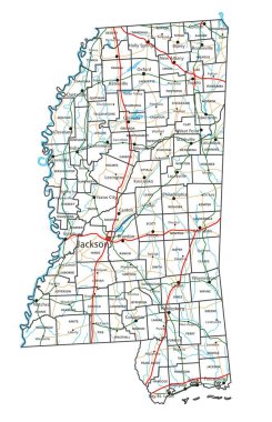 Mississippi yolu ve otoyol haritası. Vektör illüstrasyonu.