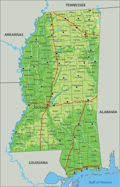 High detailed Mississippi physical map with labeling. clipart