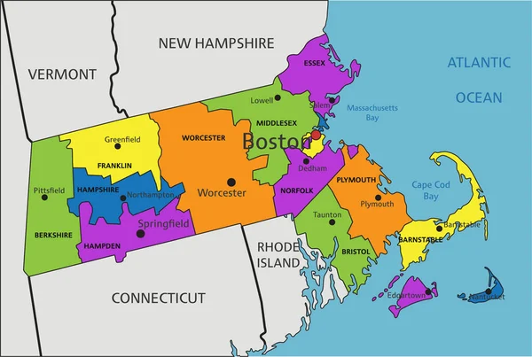 Colorata Mappa Politica Del Massachusetts Con Strati Chiaramente Etichettati Separati — Vettoriale Stock