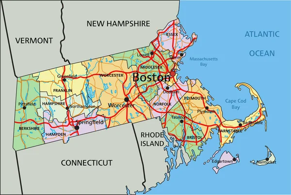 Massachusetts Vysoce Podrobná Upravitelná Politická Mapa — Stockový vektor