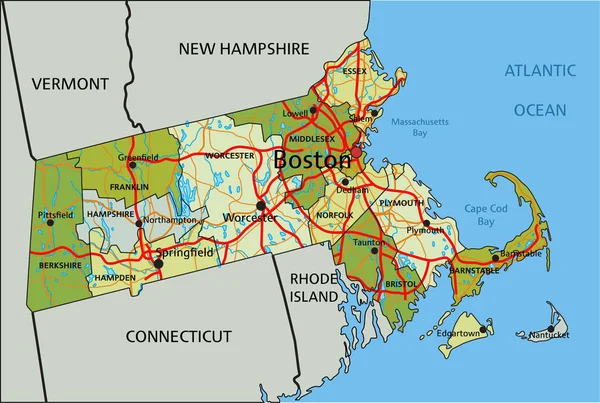 Carte Politique Modifiable Très Détaillée Avec Des Couches Séparées Massachusetts — Image vectorielle