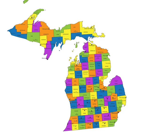 Colorful Michigan Political Map Clearly Labeled Separated Layers Vector Illustration — Stock Vector