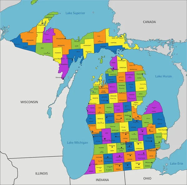 カラフルなミシガン州の政治地図を明確にラベル付けされ 分離層 ベクターイラスト — ストックベクタ