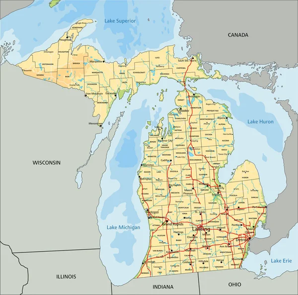 Carte Physique Détaillée Michigan Avec Étiquetage — Image vectorielle