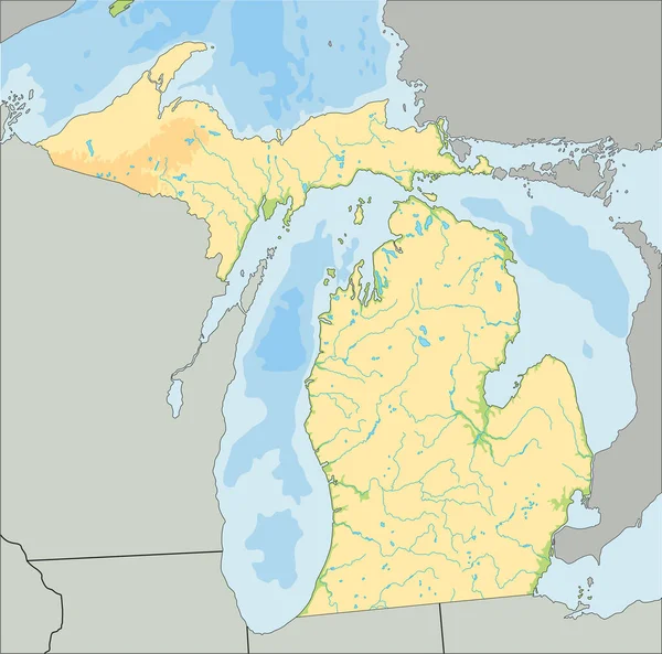 Hoch Detaillierte Physische Karte Von Michigan — Stockvektor