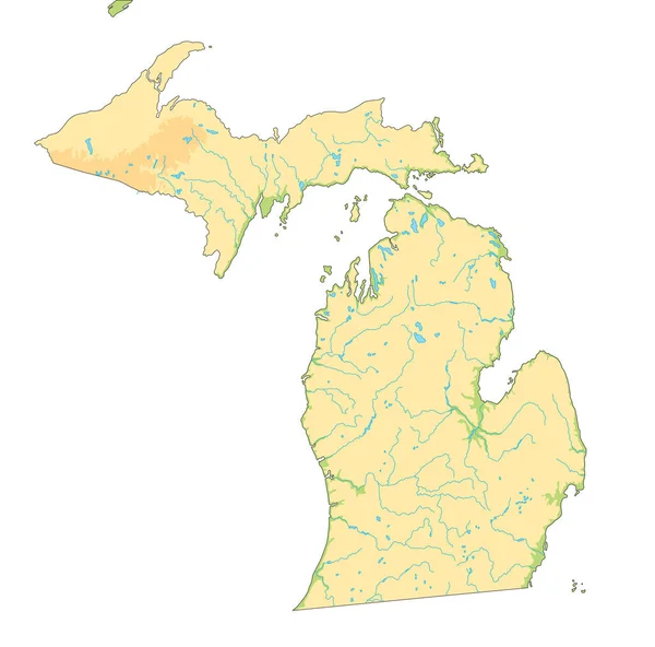 Hoge Gedetailleerde Michigan Fysieke Kaart — Stockvector