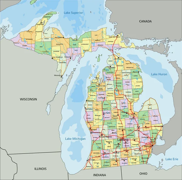 Michigan Bardzo Szczegółowa Edytowalna Mapa Polityczna Etykietowaniem — Wektor stockowy
