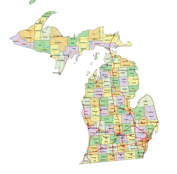 ミシガン州 ラベル付きの非常に詳細な編集可能な政治地図 — ストックベクタ