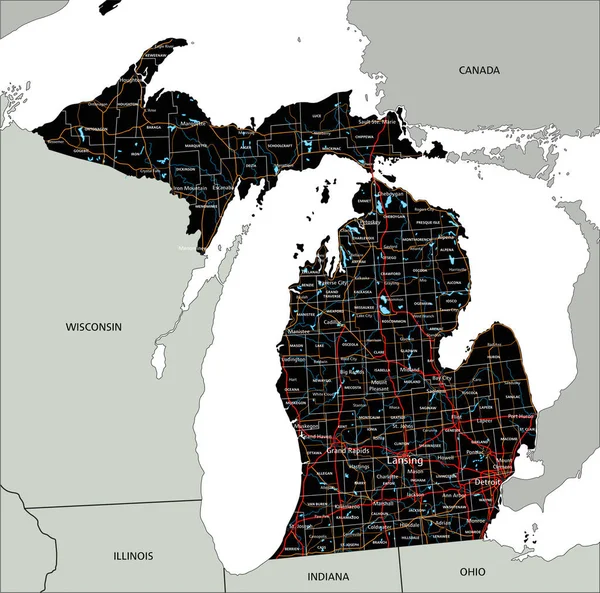 Mapa Estrada Michigan Detalhado Alto Com Rotulagem — Vetor de Stock