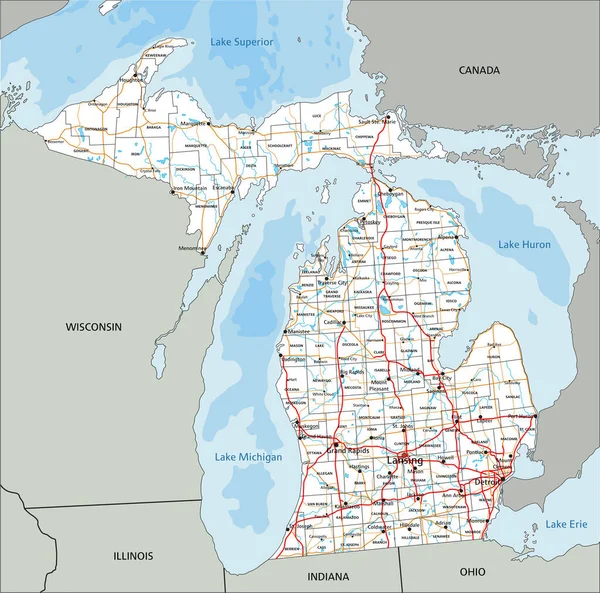 ラベル付きの詳細なミシガン州の道路地図 — ストックベクタ