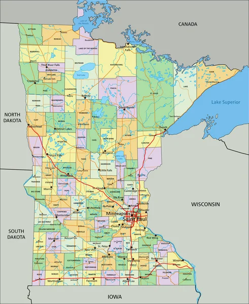ミネソタ州 ラベル付きの非常に詳細な編集可能な政治地図 — ストックベクタ