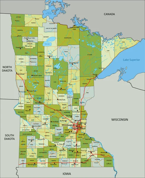 Carte Politique Modifiable Très Détaillée Avec Des Couches Séparées Minnesota — Image vectorielle