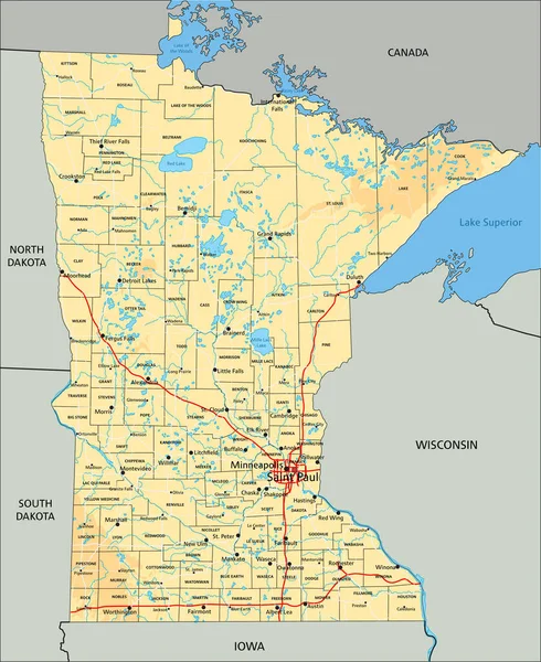 Hoch Detaillierte Minnesota Physische Karte Mit Beschriftung — Stockvektor