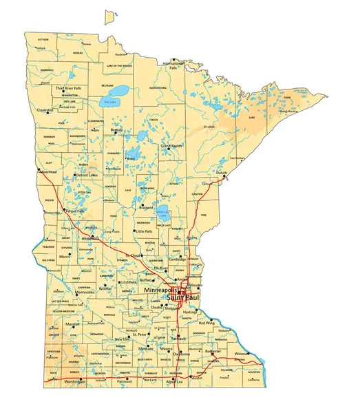 Alto Mapa Físico Detallado Minnesota Con Etiquetado — Vector de stock