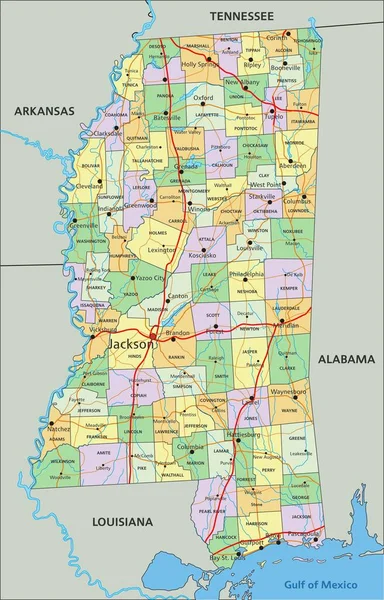 Mississippi Mapa Político Editable Altamente Detallado Con Etiquetado — Vector de stock