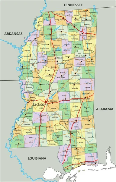 Mississippi Mapa Político Editable Altamente Detallado Con Etiquetado — Archivo Imágenes Vectoriales