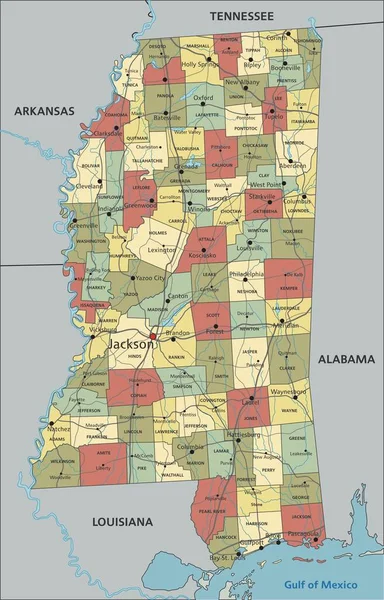 Mississippi Carte Politique Éditable Très Détaillée Avec Étiquetage — Image vectorielle
