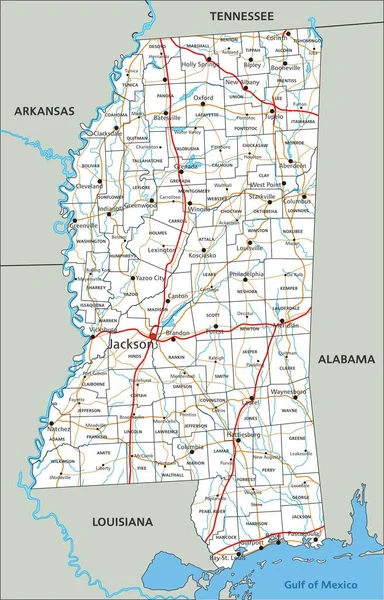 Mapa Ruta Detallado Mississippi Con Etiquetado — Archivo Imágenes Vectoriales
