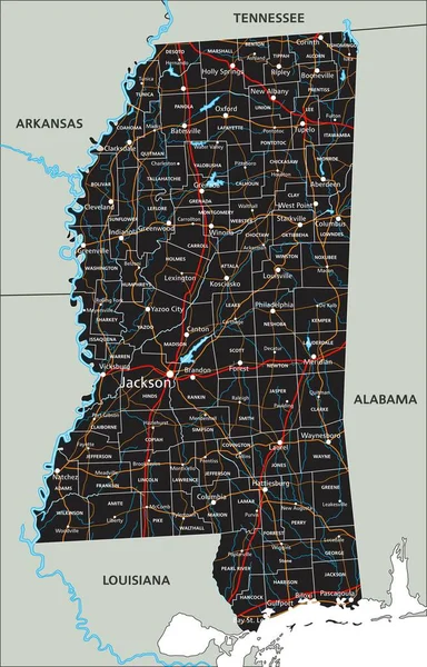 ラベル付きの詳細なミシシッピ州の道路地図 — ストックベクタ
