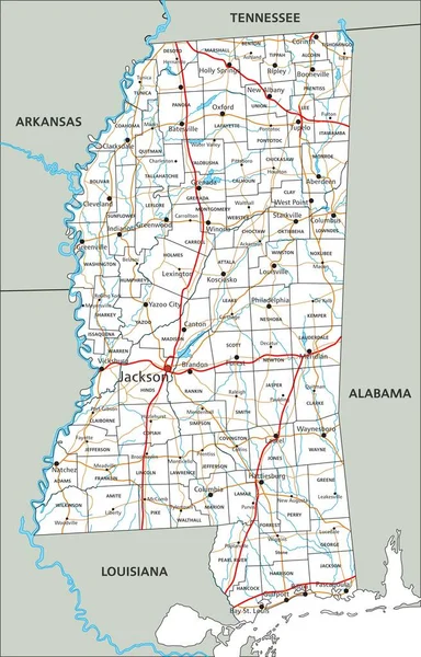 ラベル付きの詳細なミシシッピ州の道路地図 — ストックベクタ
