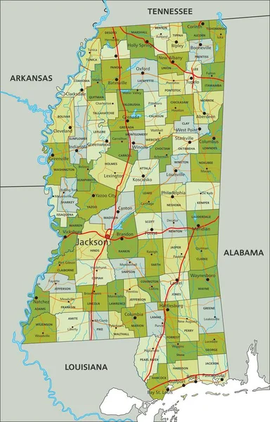 Hoch Detaillierte Editierbare Politische Landkarte Mit Getrennten Ebenen Mississippi — Stockvektor