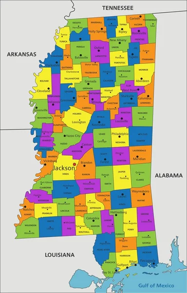 Colorata Mappa Politica Del Mississippi Con Strati Chiaramente Etichettati Separati — Vettoriale Stock