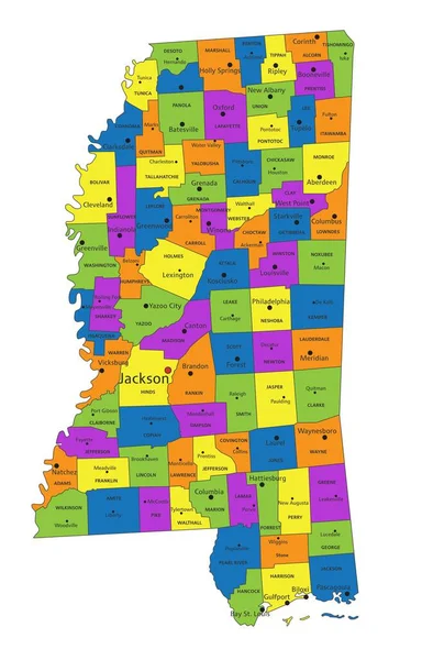 Mapa Político Colorido Mississippi Com Camadas Claramente Rotuladas Separadas Ilustração — Vetor de Stock