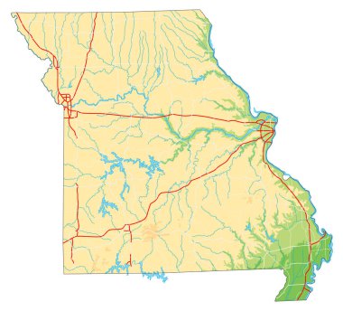 Yüksek detaylı Missouri fiziksel haritası.