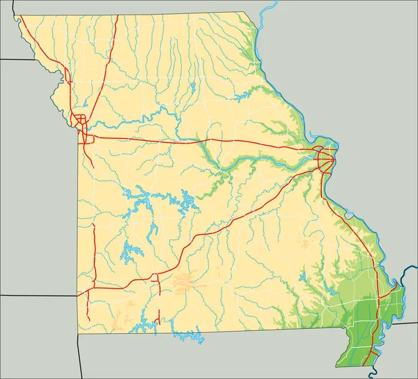 Mapa Físico Missouri Detalhado Elevado — Vetor de Stock