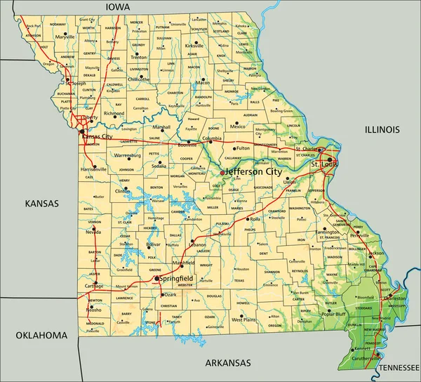 Etiketleme Ile Yüksek Detaylı Missouri Fiziksel Haritası — Stok Vektör