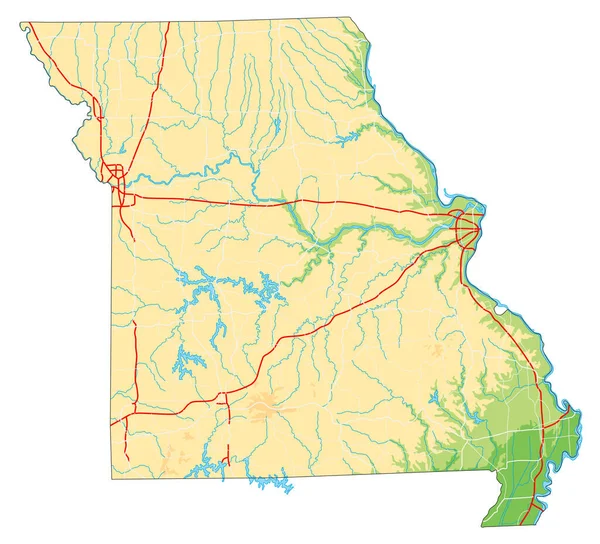 Alto Mapa Físico Detallado Missouri — Vector de stock