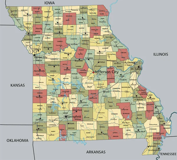 Missouri Hochdetaillierte Editierbare Politische Landkarte Mit Beschriftung — Stockvektor