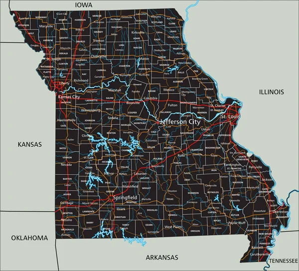 Mapa Estradas Missouri Detalhado Com Rotulagem —  Vetores de Stock