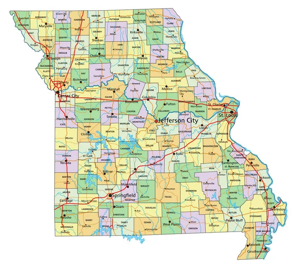 Missouri Carte Politique Éditable Très Détaillée Avec Étiquetage — Image vectorielle