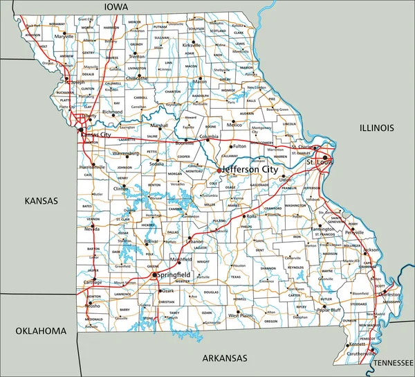 Carte Routière Détaillée Missouri Avec Étiquetage — Image vectorielle