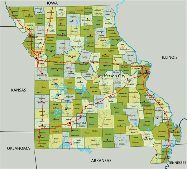 Mycket Detaljerad Redigerbar Politisk Karta Med Separerade Lager Missouri — Stock vektor