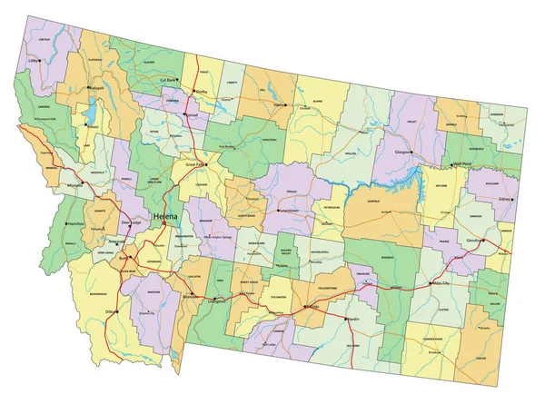 蒙大拿 非常详细的带有标签的可编辑政治地图 — 图库矢量图片