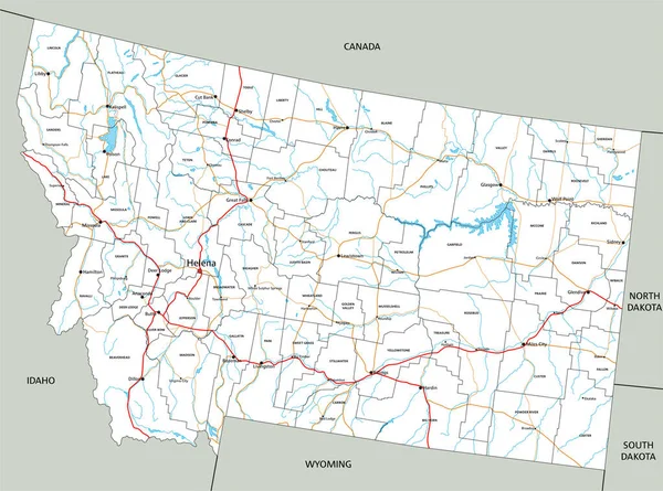 Hoch Detaillierte Montana Roadmap Mit Beschriftung — Stockvektor