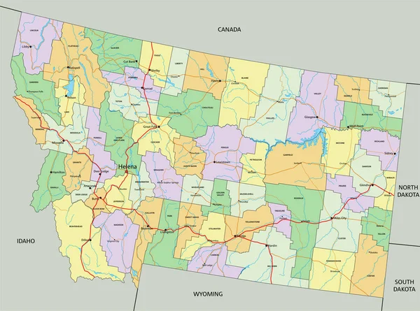 蒙大拿 非常详细的带有标签的可编辑政治地图 — 图库矢量图片