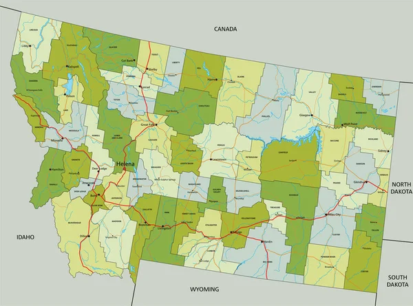 Vysoce Podrobná Upravitelná Politická Mapa Oddělenými Vrstvami Montana — Stockový vektor