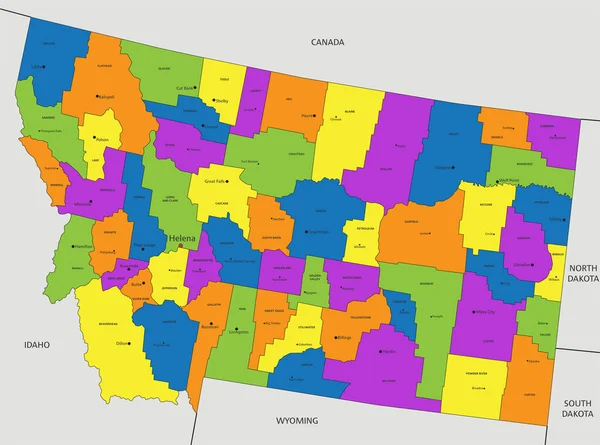 色鮮やかなモンタナ州の政治地図を明確にラベル付けされ 分離層 ベクターイラスト — ストックベクタ