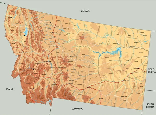 ラベル付きの非常に詳細なモンタナ州の物理的な地図 — ストックベクタ