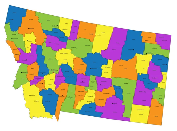 Colorido Mapa Político Montana Con Capas Claramente Etiquetadas Separadas Ilustración — Archivo Imágenes Vectoriales