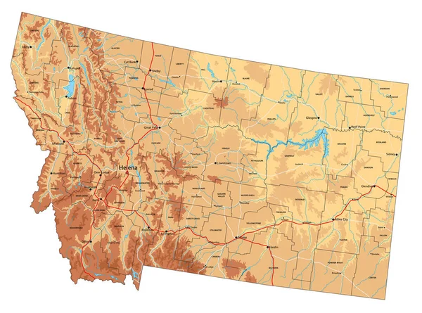 Rendkívül Részletes Montana Fizikai Térkép Címkézéssel — Stock Vector