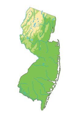 Yüksek detaylı New Jersey fiziksel haritası.