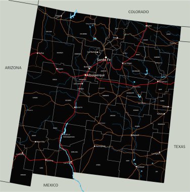 Etiketli yüksek detaylı New Mexico yol haritası.