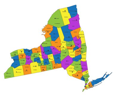 Renkli bir New York siyasi haritası açık bir şekilde etiketlenmiş, ayrı katmanlarla ayrılmış. Vektör illüstrasyonu.