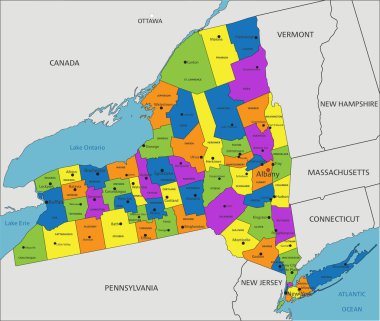Renkli bir New York siyasi haritası açık bir şekilde etiketlenmiş, ayrı katmanlarla ayrılmış. Vektör illüstrasyonu.