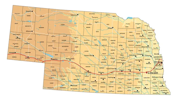 Nagy Részletességű Nebraska Fizikai Térkép Címkézéssel — Stock Vector
