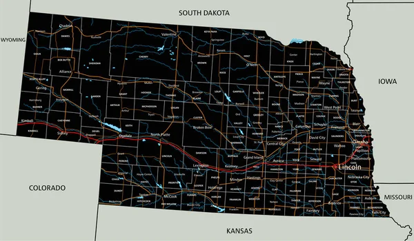 Hoge Gedetailleerde Routekaart Van Nebraska Met Etikettering — Stockvector